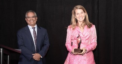 Amy Eagle Thompson, Survivor Champion, and Suresh Nair, MD, Physician in Chief, Lehigh Valley Topper Cancer Institute.
