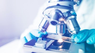 Researcher using a microscope