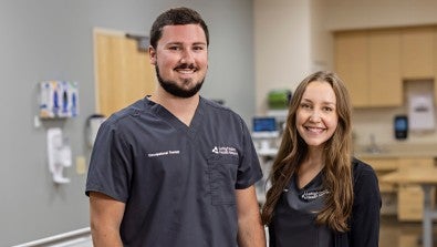 at Inpatient Rehabilitation Center–Muhlenberg team, including occupational therapist Blake Day and physical therapist Brianna Hanover, helped a man get back on his feet and back to his life.  