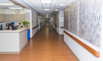 Nurses’ station for the Family Birth and Newborn Center at Lehigh Valley Hospital–Cedar Crest, located on the fourth floor of Jaindl Family Pavilion