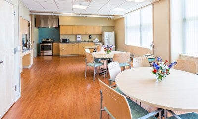 Community kitchen in the Inpatient Rehabilitation Center–Cedar Crest, where patients can work on activities of daily living and gather for recreation