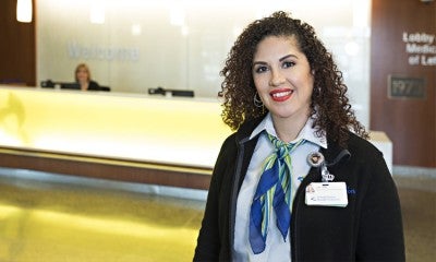 You will receive a friendly welcome and assistance from a guest services representative like Luz Diaz at the front entrance welcome desk, located on the first floor of Lehigh Valley Hospital–Cedar Crest