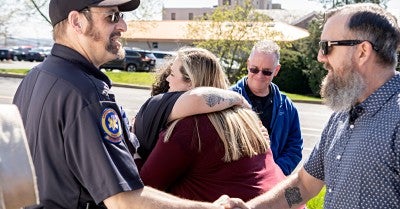 David and Jillian Byrne greet EMT Tania Breithaupt and Paramedic Scott Huttenlock 