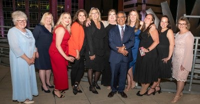 Caregiver Champion Stella Polit, RN, OCN (fifth from left), with (from left to right) Karen Moehring, RN, Susan Berg, RN, Megan Derr Barkanic, Sarah Rockwell, Nicole Reimer, RN, BSN, OCN, Suresh Nair, MD, Physician in Chief, Ashley Patzuk, Tammy Selby, RN, Deidre Kutzler, RN, and Emily Mari, Lehigh Valley Topper Cancer Institute.