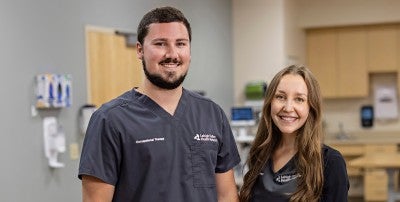 at Inpatient Rehabilitation Center–Muhlenberg team, including occupational therapist Blake Day and physical therapist Brianna Hanover, helped a man get back on his feet and back to his life.  