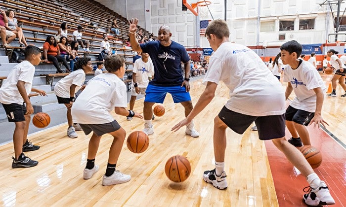 Former Impact Athlete and current Atlanta Hawk Tyrese Martin partnered with Lehigh Valley Orthopedic Institute Aug. 19, 2022, to host a basketball clinic at Muhlenberg College.
