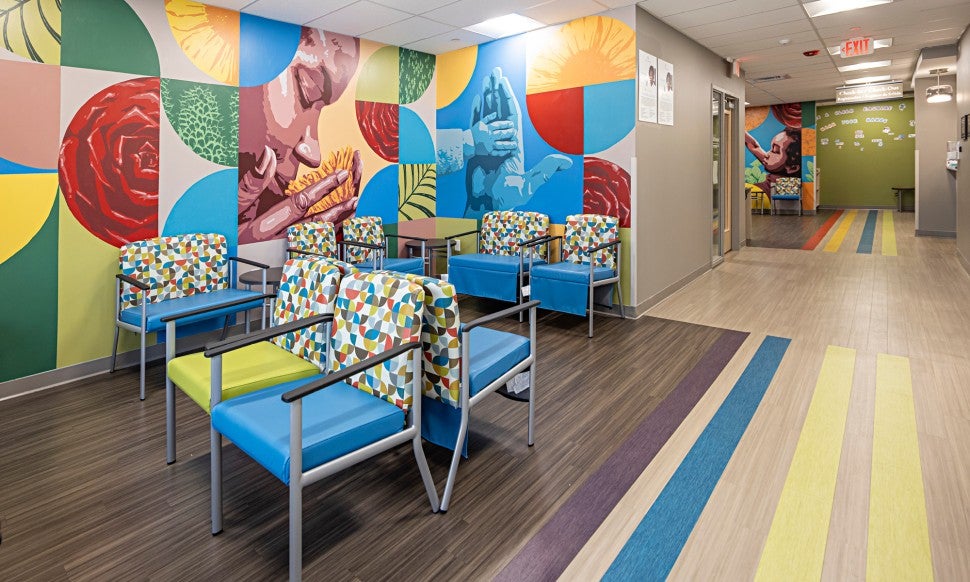 Modern waiting area at LVHN ExpressCARE–Sixth Street with seating and check-in desk