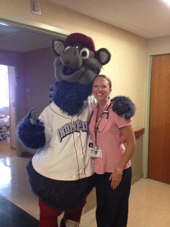 IronPigs Mascot "Ferrous" with our Associate Program Director (Dr. Rooney) during one of his visits to the pediatrics floor at Lehigh Valley Reilly Children's Hospital.