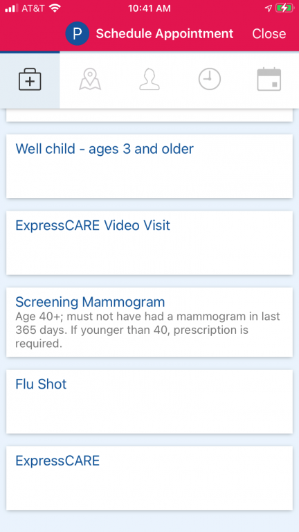 MyLVHN App ExpressCARE Video Visit type