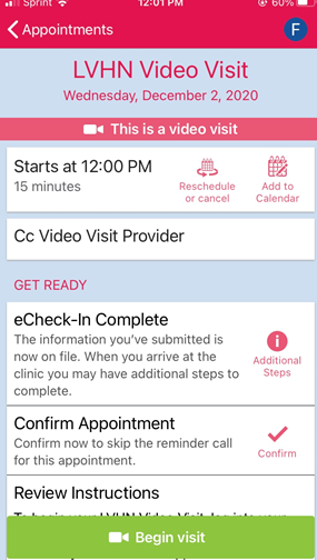MyLVHN App ExpressCARE Video Visit - Begin Visit