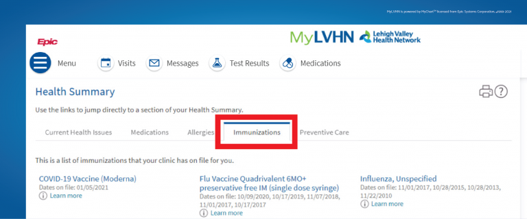MyLVHN Desktop - Immunization Record