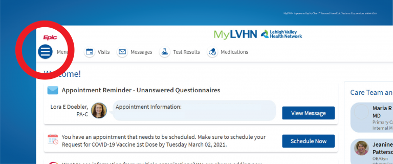 MyLVHN Desktop - Menu
